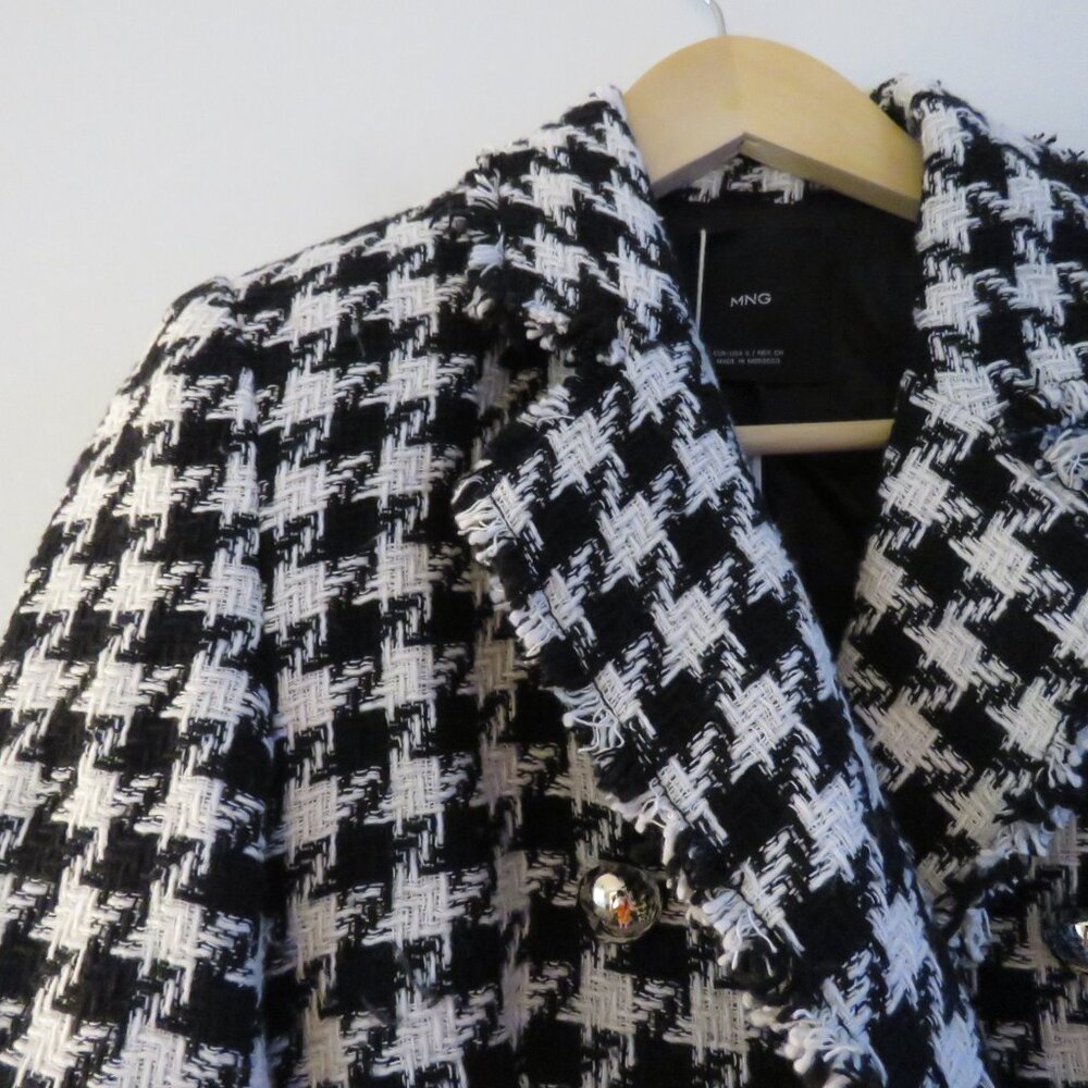 MANGO Houndstooth Wool Blend Frayed Hem Blazer Academia Black White - Size S NWT - Picture 7 of 14